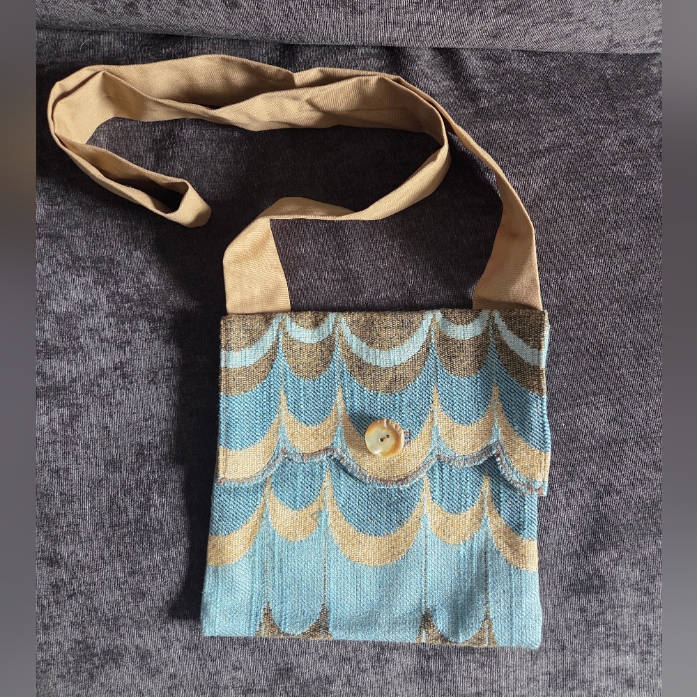 Blue and Tan Patterned Canvas Crossbody Bag- Handmade